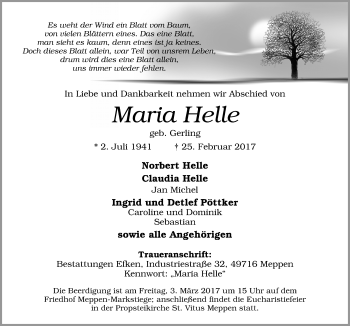 Traueranzeige von Maria Helle von Neue Osnabrücker Zeitung GmbH & Co. KG