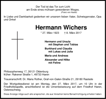 Traueranzeige von Hermann Wichers von Neue Osnabrücker Zeitung GmbH & Co. KG