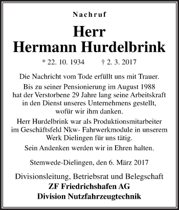 Traueranzeige von Hermann Hurdelbrink von Neue Osnabrücker Zeitung GmbH & Co. KG