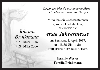 Traueranzeige von Johann Brinkmann von Neue Osnabrücker Zeitung GmbH & Co. KG