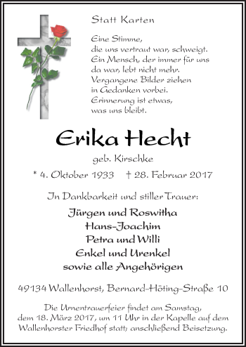 Traueranzeige von Erika Hecht von Neue Osnabrücker Zeitung GmbH & Co. KG