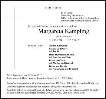 Traueranzeige von Margareta Kampling von Neue Osnabrücker Zeitung GmbH & Co. KG