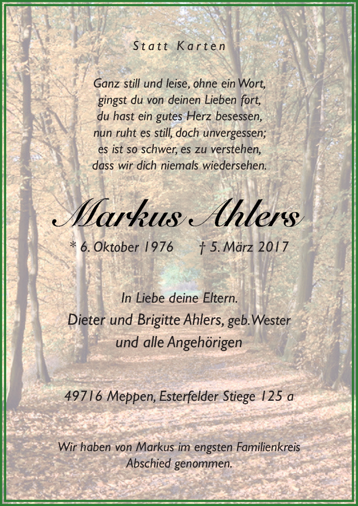  Traueranzeige für Markus Ahlers vom 25.03.2017 aus Neue Osnabrücker Zeitung GmbH & Co. KG