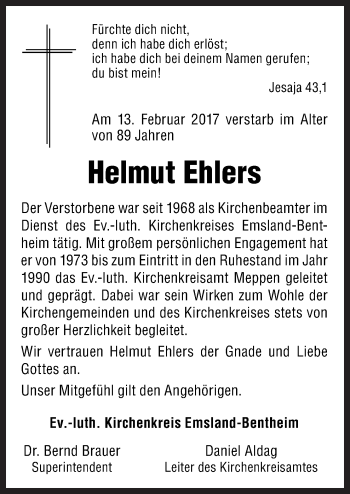 Traueranzeige von Helmut Ehlers von Neue Osnabrücker Zeitung GmbH & Co. KG