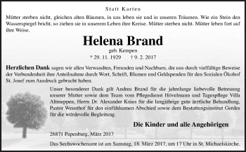 Traueranzeige von Helena Brand von Neue Osnabrücker Zeitung GmbH & Co. KG