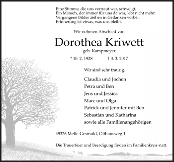 Traueranzeige von Dorothea Kriwett von Neue Osnabrücker Zeitung GmbH & Co. KG