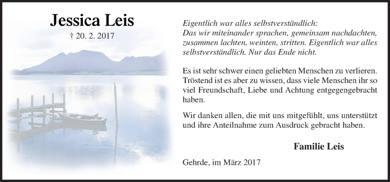  Traueranzeige für Jessica Leis vom 07.03.2017 aus Neue Osnabrücker Zeitung GmbH & Co. KG