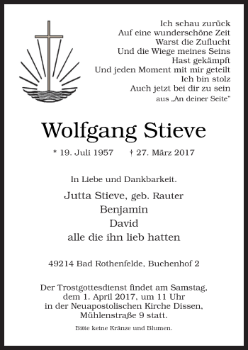 Traueranzeige von Wolfgang Stieve von Neue Osnabrücker Zeitung GmbH & Co. KG