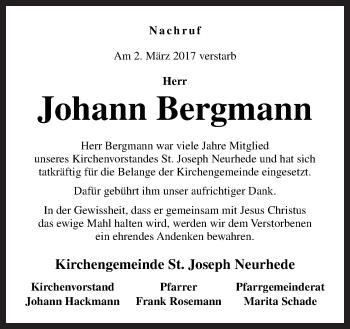 Traueranzeige von Johann Bergmann von Neue Osnabrücker Zeitung GmbH & Co. KG