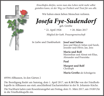 Traueranzeige von Josefa Fye-Sudendorf von Neue Osnabrücker Zeitung GmbH & Co. KG