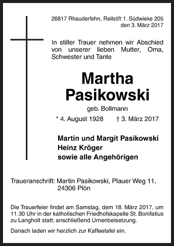 Traueranzeige von Martha Pasikowski von Neue Osnabrücker Zeitung GmbH & Co. KG