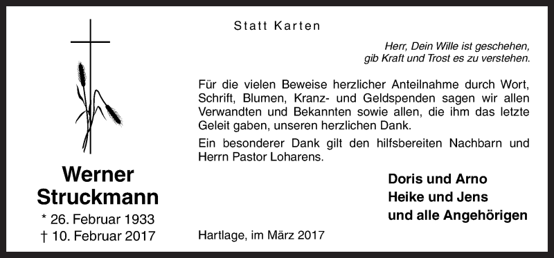  Traueranzeige für Werner Struckmann vom 30.03.2017 aus Neue Osnabrücker Zeitung GmbH & Co. KG