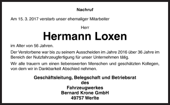 Traueranzeige von Hermann Loxen von Neue Osnabrücker Zeitung GmbH & Co. KG