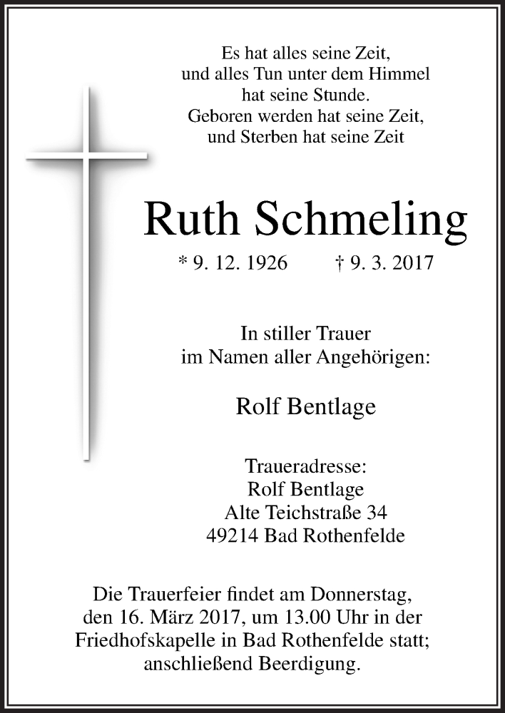  Traueranzeige für Ruth Schmeling vom 14.03.2017 aus Neue Osnabrücker Zeitung GmbH & Co. KG