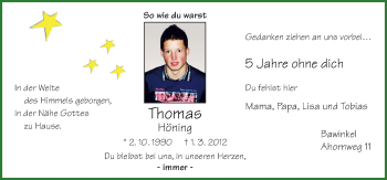 Traueranzeige von Thomas Höning von Neue Osnabrücker Zeitung GmbH & Co. KG