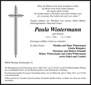 Traueranzeige von Paula Wintermann von Neue Osnabrücker Zeitung GmbH & Co. KG