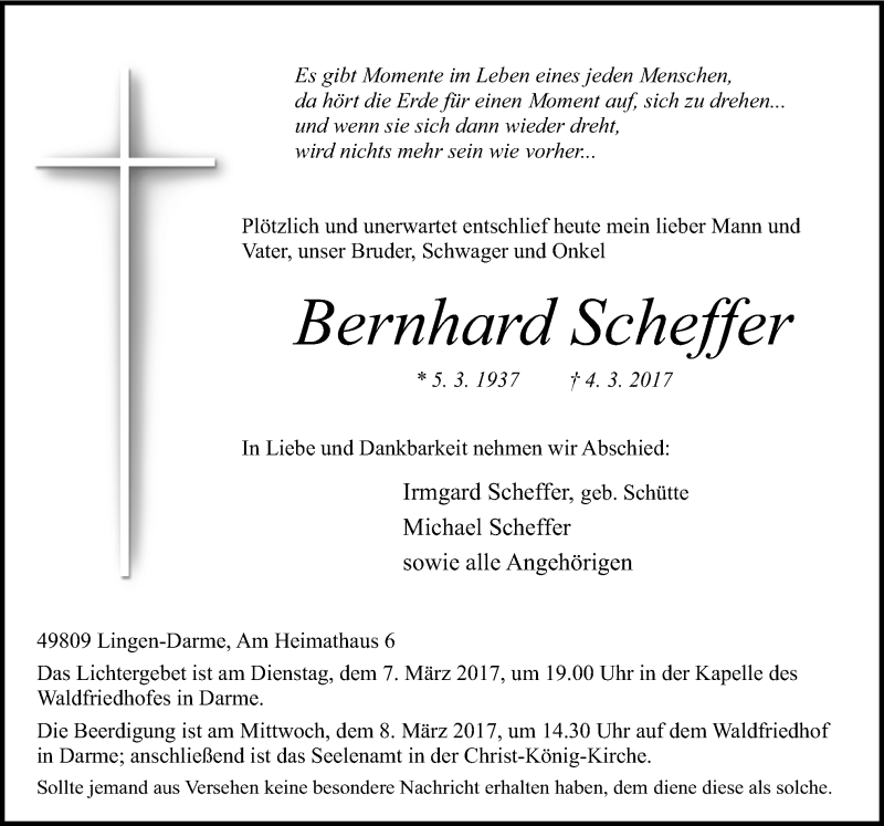  Traueranzeige für Bernhard Scheffer vom 06.03.2017 aus Neue Osnabrücker Zeitung GmbH & Co. KG