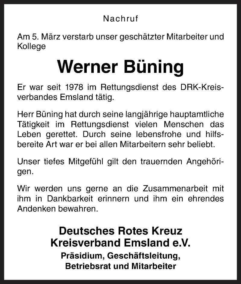  Traueranzeige für Werner Büning vom 09.03.2017 aus Neue Osnabrücker Zeitung GmbH & Co. KG