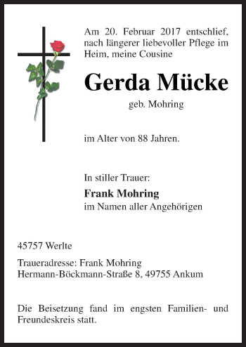 Traueranzeige von Gerda Mücke von Neue Osnabrücker Zeitung GmbH & Co. KG