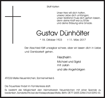 Traueranzeige von Gustav Dünhölter von Neue Osnabrücker Zeitung GmbH & Co. KG