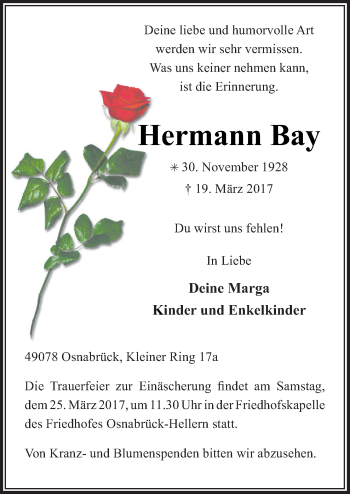 Traueranzeige von Hermann Bay von Neue Osnabrücker Zeitung GmbH & Co. KG