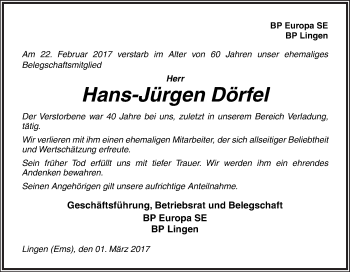 Traueranzeige von Hans-Jürgen Dörfel von Neue Osnabrücker Zeitung GmbH & Co. KG