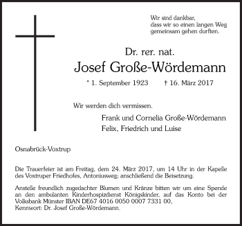 Traueranzeige von Josef Große-Wördemann von Neue Osnabrücker Zeitung GmbH & Co. KG