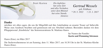 Traueranzeige von Gertrud Wessels von Neue Osnabrücker Zeitung GmbH & Co. KG