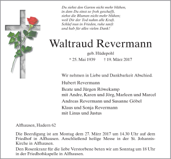 Traueranzeige von Waltraud Revermann von Neue Osnabrücker Zeitung GmbH & Co. KG