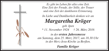 Traueranzeige von Margaretha Kröger von Neue Osnabrücker Zeitung GmbH & Co. KG