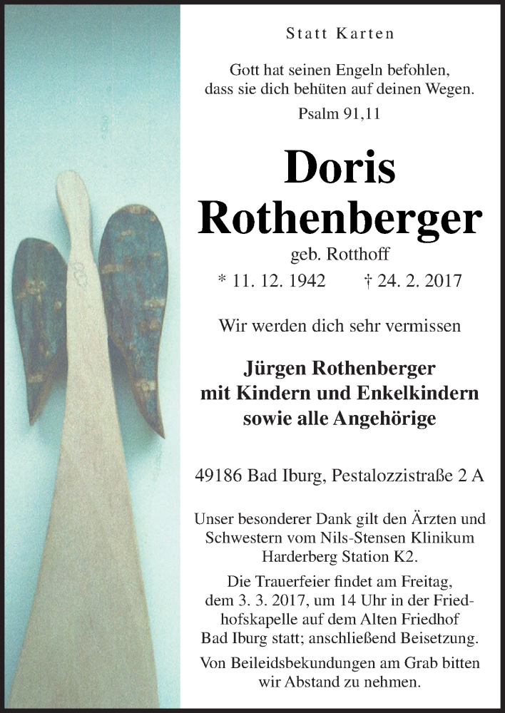  Traueranzeige für Doris Rothenberger vom 01.03.2017 aus Neue Osnabrücker Zeitung GmbH & Co. KG