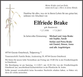 Traueranzeige von Elfriede Brake von Neue Osnabrücker Zeitung GmbH & Co. KG