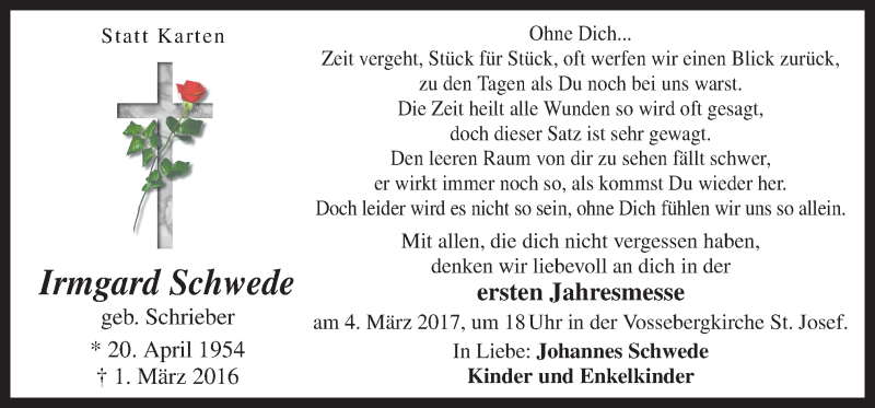  Traueranzeige für Irmgard Schwede vom 01.03.2017 aus Neue Osnabrücker Zeitung GmbH & Co. KG