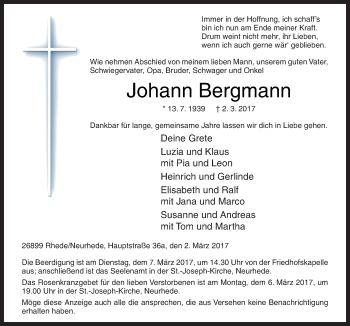 Traueranzeige von Johann Bergmann von Neue Osnabrücker Zeitung GmbH & Co. KG