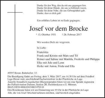Traueranzeige von Josef vor dem Brocke von Neue Osnabrücker Zeitung GmbH & Co. KG