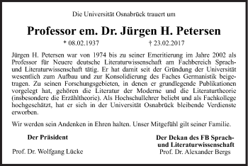 Traueranzeige von Jürgen H. Petersen von Neue Osnabrücker Zeitung GmbH & Co. KG