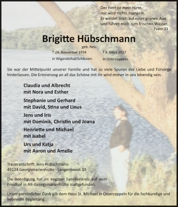 Traueranzeige von Brigitte Hübschmann von Neue Osnabrücker Zeitung GmbH & Co. KG