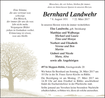 Traueranzeige von Bernhard Landwehr von Neue Osnabrücker Zeitung GmbH & Co. KG