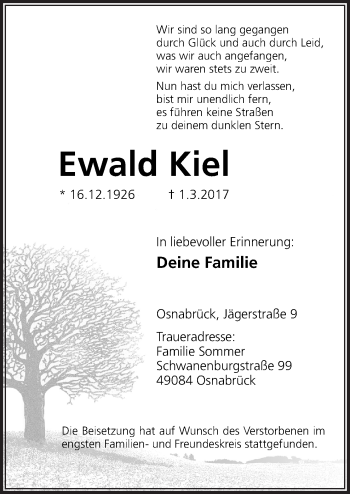 Traueranzeige von Ewald Kiel von Neue Osnabrücker Zeitung GmbH & Co. KG