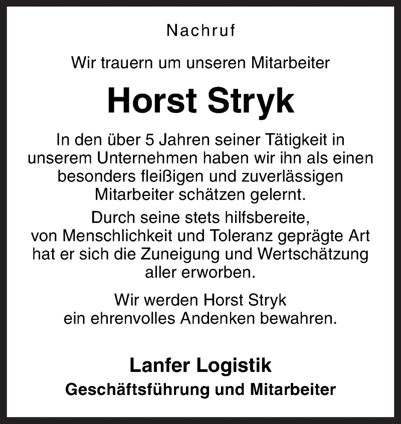  Traueranzeige für Horst Stryk vom 25.03.2017 aus Neue Osnabrücker Zeitung GmbH & Co. KG