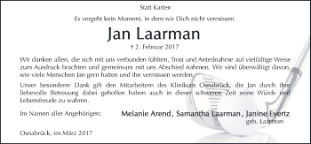 Traueranzeige von Jan Laarman von Neue Osnabrücker Zeitung GmbH & Co. KG