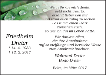 Traueranzeige von Friedhelm Dreier von Neue Osnabrücker Zeitung GmbH & Co. KG