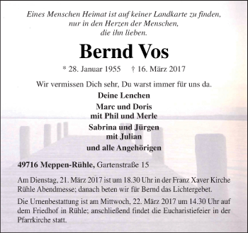 Traueranzeige von Bernd Vos von Neue Osnabrücker Zeitung GmbH & Co. KG