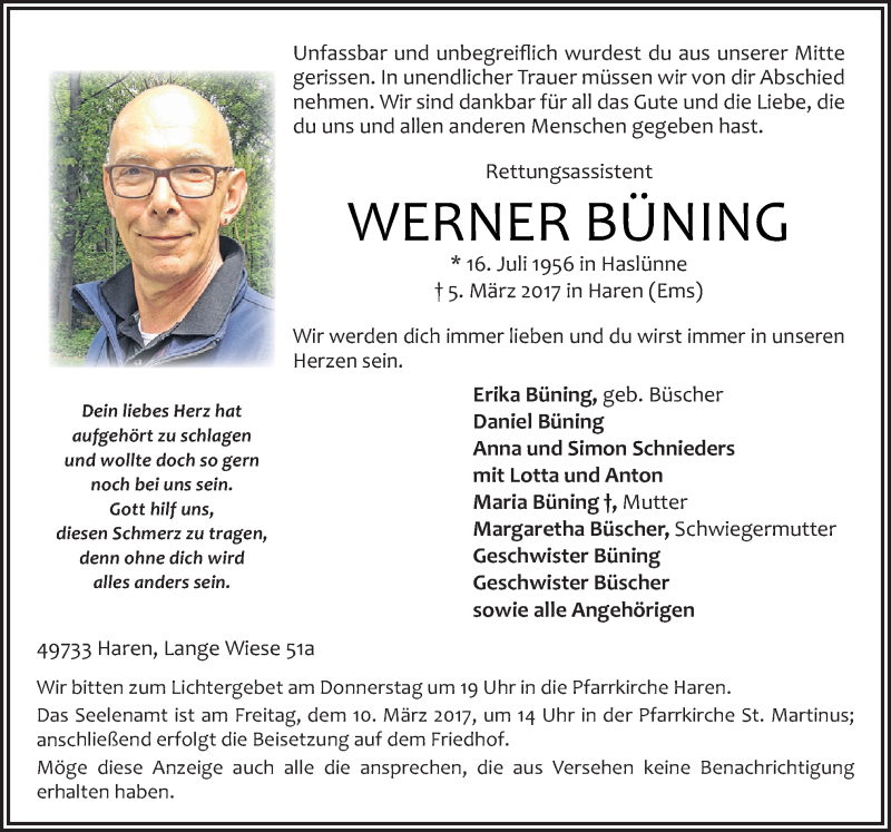  Traueranzeige für Werner Büning vom 08.03.2017 aus Neue Osnabrücker Zeitung GmbH & Co. KG