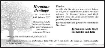 Traueranzeige von Hermann Bentlage von Neue Osnabrücker Zeitung GmbH & Co. KG