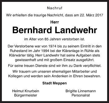 Traueranzeige von Bernhard Landwehr von Neue Osnabrücker Zeitung GmbH & Co. KG