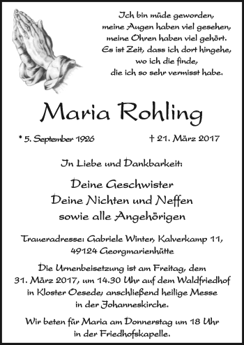 Traueranzeige von Maria Rohling von Neue Osnabrücker Zeitung GmbH & Co. KG