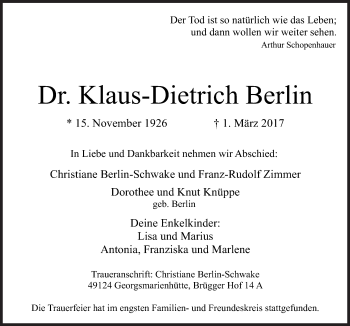 Traueranzeige von Klaus-Dietrich Berlin von Neue Osnabrücker Zeitung GmbH & Co. KG