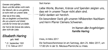 Traueranzeige von Elisabeth Haring von Neue Osnabrücker Zeitung GmbH & Co. KG