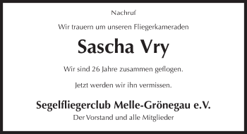 Traueranzeige von Sascha Vry von Neue Osnabrücker Zeitung GmbH & Co. KG